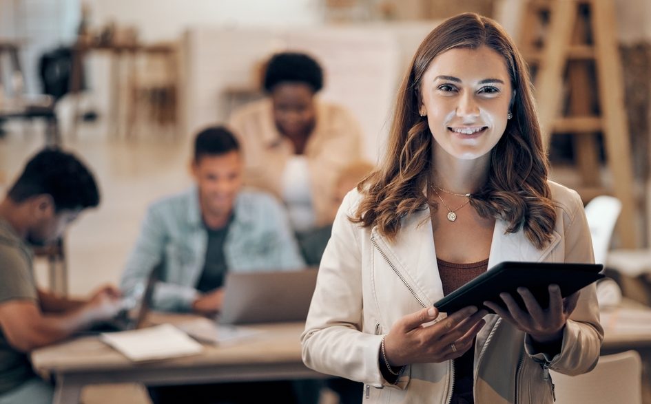 woman holding a tablet